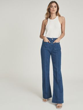 Mid Blue Reiss Isa High Rise Flared Jeans