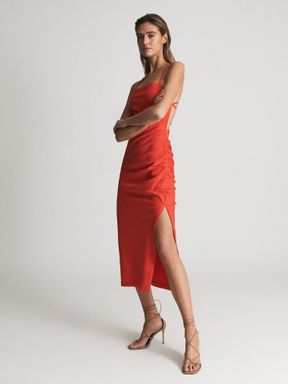 Red Reiss Khalia Stretch Linen Bodycon Midi Dress