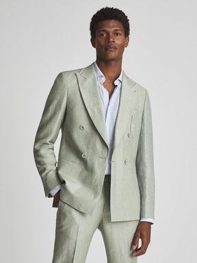 Sage Reiss Hue Double Breasted Linen Blend Blazer