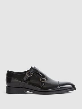 Black Reiss Rivington High Shine Leather Monk Strap Shoes