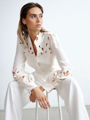 Cream Reiss Sophie Lace Detail Shirt Blouse