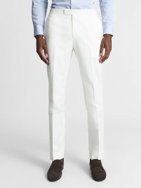 White Reiss Tone Slim Fit Formal Linen Trousers