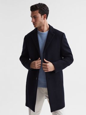 Navy Reiss Gable Single Breasted Wool Overcoat