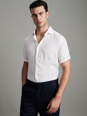 White Reiss Holiday Linen Slim Fit Shirt
