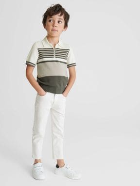 Sage/White Reiss Captain Junior Half Zip Colourblock Polo T-Shirt