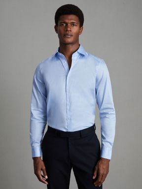 Blue Reiss Frontier Cotton Satin Stretch Slim Fit Shirt