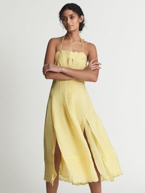 Yellow Reiss Nellie Embroidered Front Halterneck Midi Dress
