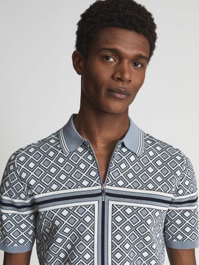 Blue Reiss Talent Geometric Half Zip Polo T-Shirt