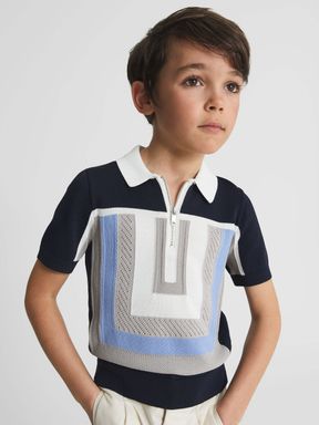 Navy Reiss Pash Junior Half Zip Colourblock Polo T-Shirt