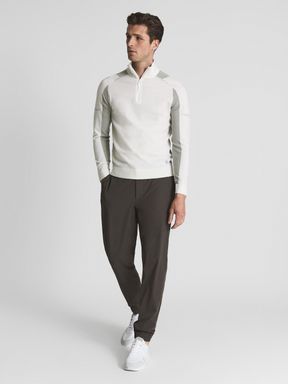 Ecru/Sage Reiss Booth Colourblock Mercerised Long Sleeve Polo Shirt