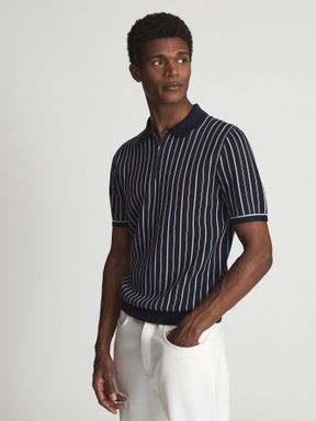 Navy Reiss Code Half Zip Striped Polo T-Shirt