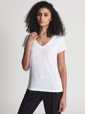 White Reiss Lottie Linen V-Neck T-Shirt