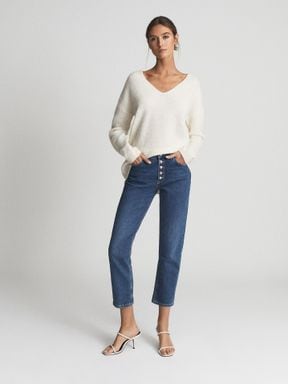 Mid Blue Reiss Bailey Mid Rise Slim Cropped Jeans