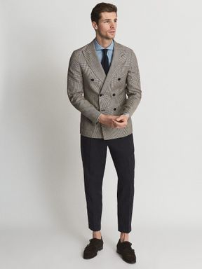 Brown Reiss Play Double Breasted Prince Of Wales Check Blazer