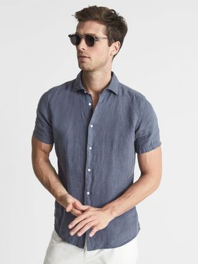 Steel Blue Reiss Holiday Linen Slim Fit Shirt
