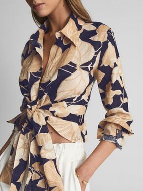 Navy Reiss Corinne Linen Printed Tie Waist Shirt Blouse