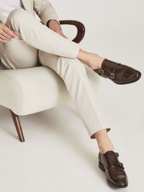 Brown Reiss Rivington High Shine Leather Monk Strap Shoes