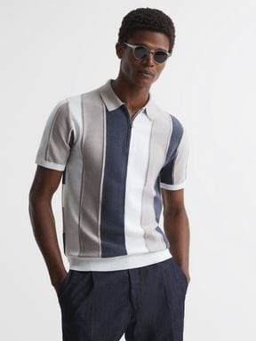 Grey Reiss Herald Half Zip Textured Stripe Polo T-Shirt