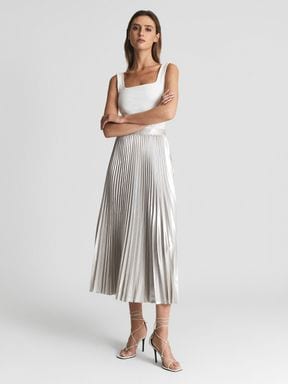 Silver Reiss Elle Metallic Pleat Skirt