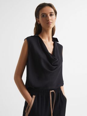 Black Reiss Ameliee Cowl Front Sleeveless Blouse