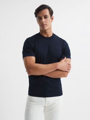 Navy Reiss Hunter Mercerised Cotton High Neck T-Shirt