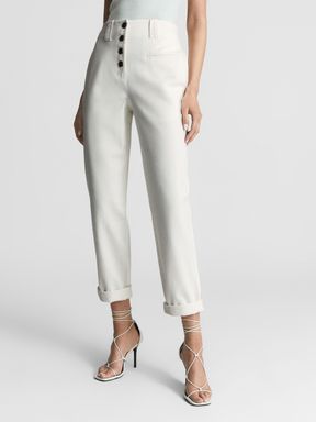 White Reiss Ava Button Fly Cotton Trousers