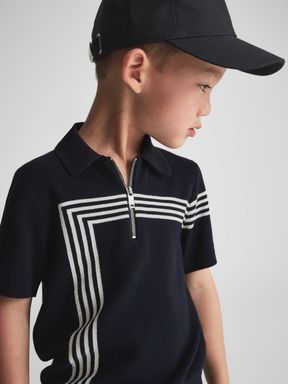 Navy Reiss Sergant Half Zip Stripe Detail Polo T-Shirt