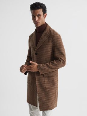Tobacco Reiss Blossom Single Breasted Brushed Wool Dogtooth Overcoat