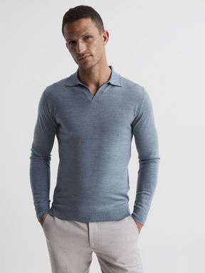 Denim Melange Reiss Milburn Merino Wool Open Collar Polo Shirt