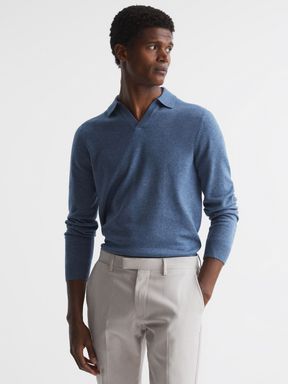 Denim Melange Reiss Swift Wool Blend Open Collar Polo Shirt