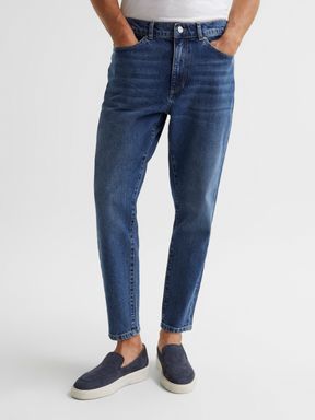 Washed Blue Reiss Moat Relaxed Fit Washed Cropped Jeans