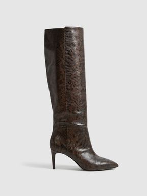 Chocolate Reiss Celia Pull On Knee High Snake Effect Boots
