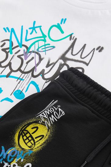 White/Black Graffiti Graphic Top and Shorts Set (3-16yrs)