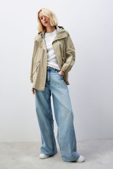 Khaki Green Shower Resistant Waisted Hooded Raincoat