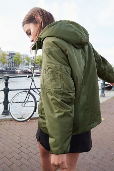 Olive green bomber jacket with hood outlet