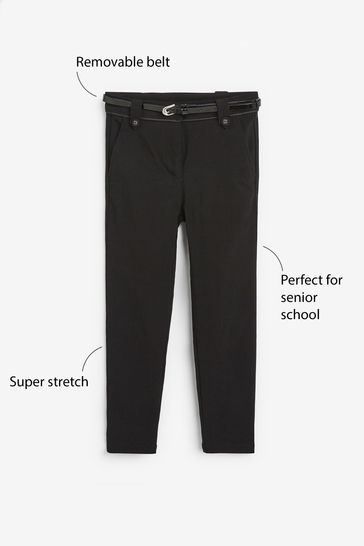 Black Senior Belted Skinny Stretch School Trousers 9 18yrs
