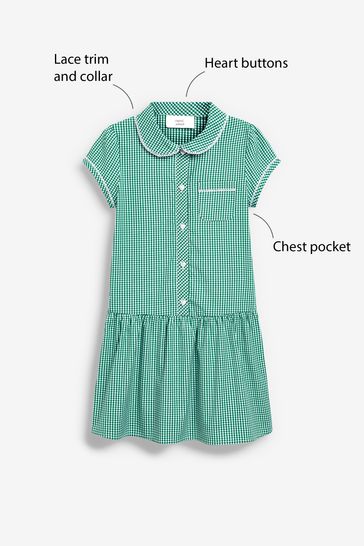 Green and white gingham school dress store