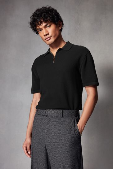 Black Regular Fit Knitted Bubble Textured 100 Cotton Polo Shirt