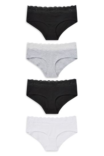 Monochrome Short Cotton and Lace Knickers 4 Pack