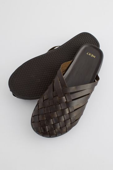 Brown woven leather mules online