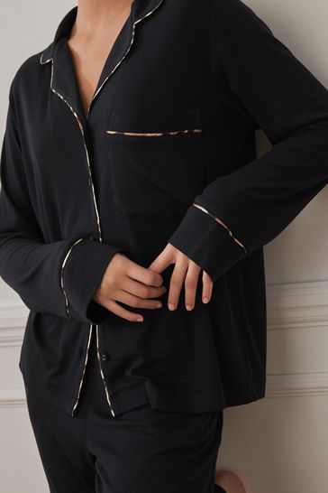 Black Ribbed Button Through Pyjamas