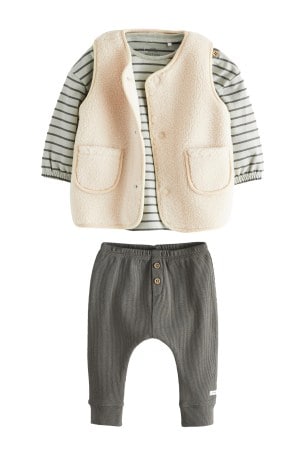 Monochrome Baby Cosy Borg Gilet T Shirt And Leggings 3 Piece Set 0mths 3yrs