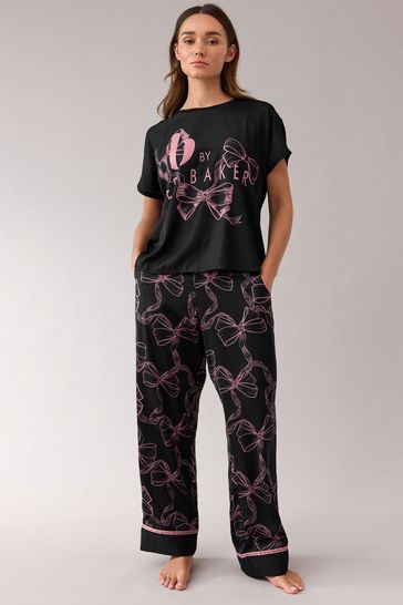 B by Ted Baker Satin Jersey Viscose Black Bow Print Pyjamas Set