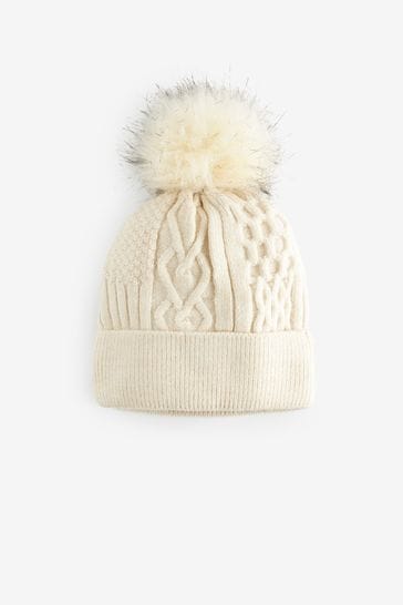 Cream Patchwork Heart Cable Knit Pom Hat