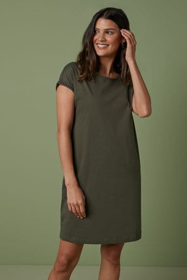 Khaki Green 100% Cotton Relaxed Capped Sleeve Tunic Dress
