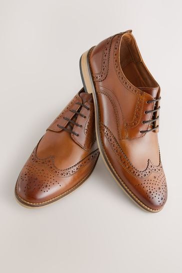 Tan Brown Regular Fit Leather Contrast Sole Brogue Shoes