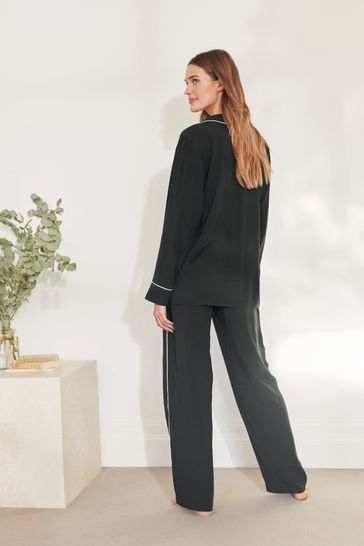 Black With White Piping Button Through Pyjamas