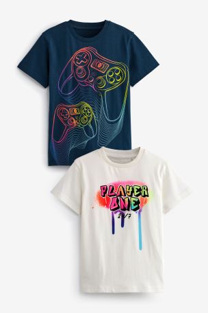 Navy Blue White Rainbow Gaming Graphic Short Sleeve T Shirts 2 Pack 3 16yrs