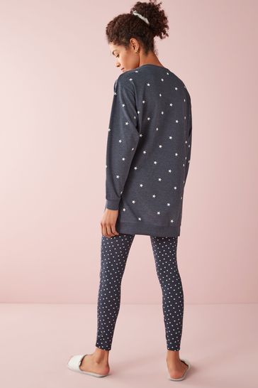 Navy Blue Stars Cotton Tunic And Legging Pyjamas Set
