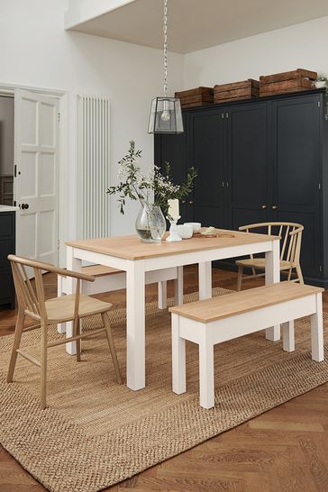 Classic Cream Malvern Oak Effect 4 Seater Bench Dining Table and Bench Set
